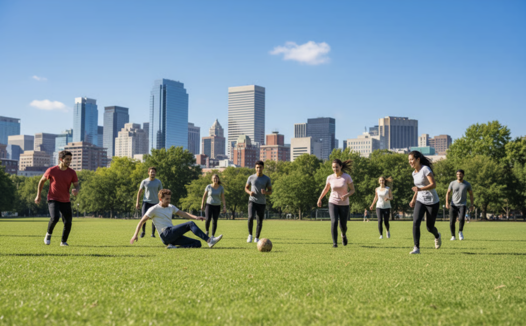 Amigos jugando al fútbol en un parque urbano.