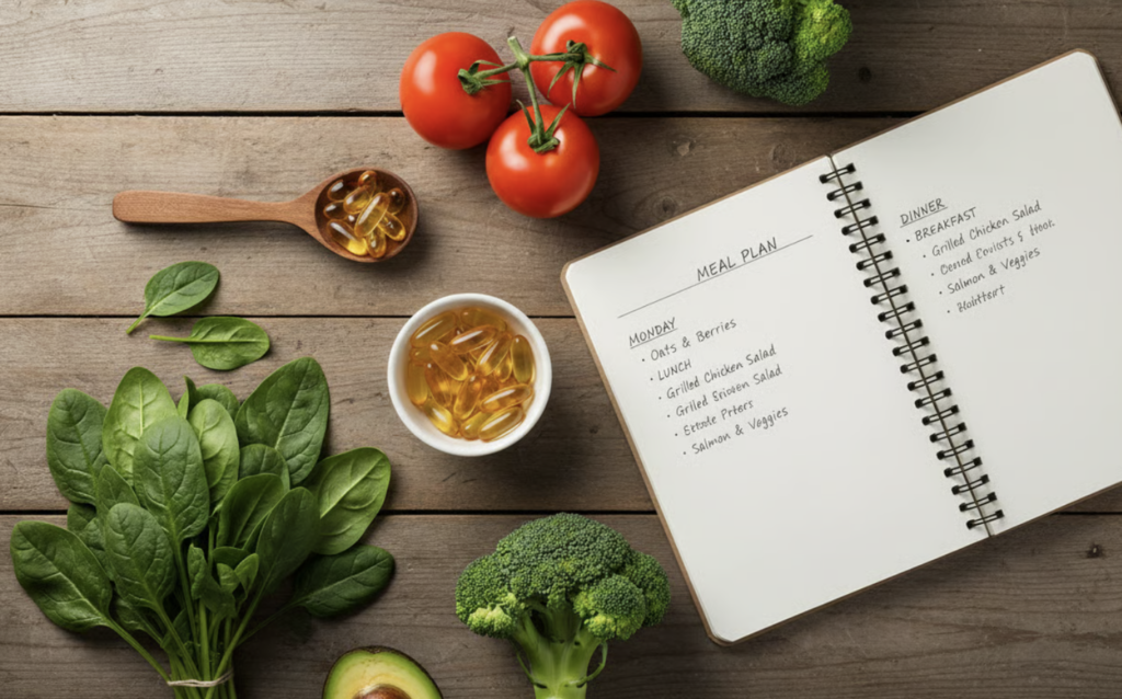 Composición cenital con cápsulas y planificación de dieta para representar el ajuste de la dosis diaria.