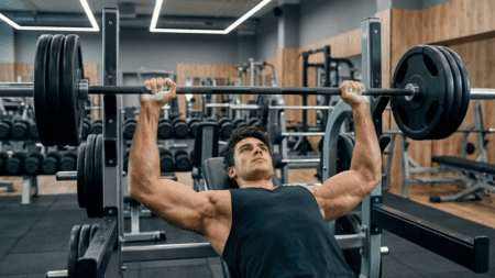 Persona entrenando en gimnasio con equipamiento profesional, realizando ejercicio de press de banca