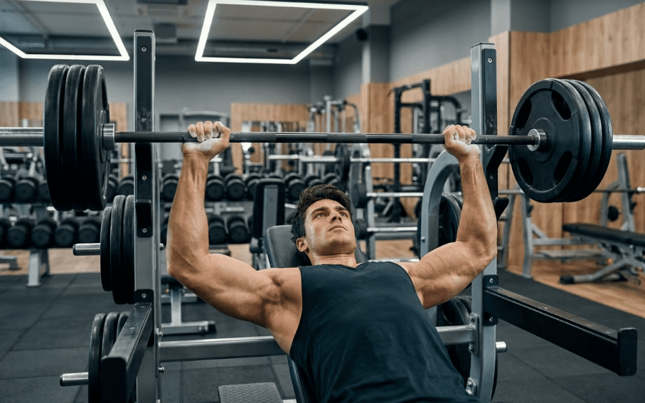 Persona entrenando en gimnasio con equipamiento profesional, realizando ejercicio de press de banca