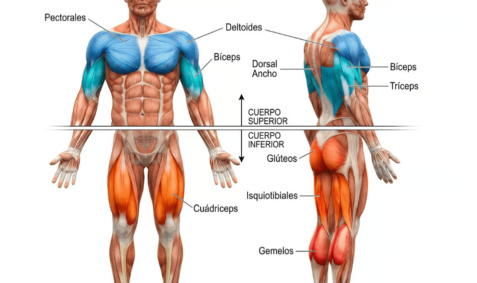 Diagrama anatómico educativo mostrando la división de grupos musculares en tren superior e inferior