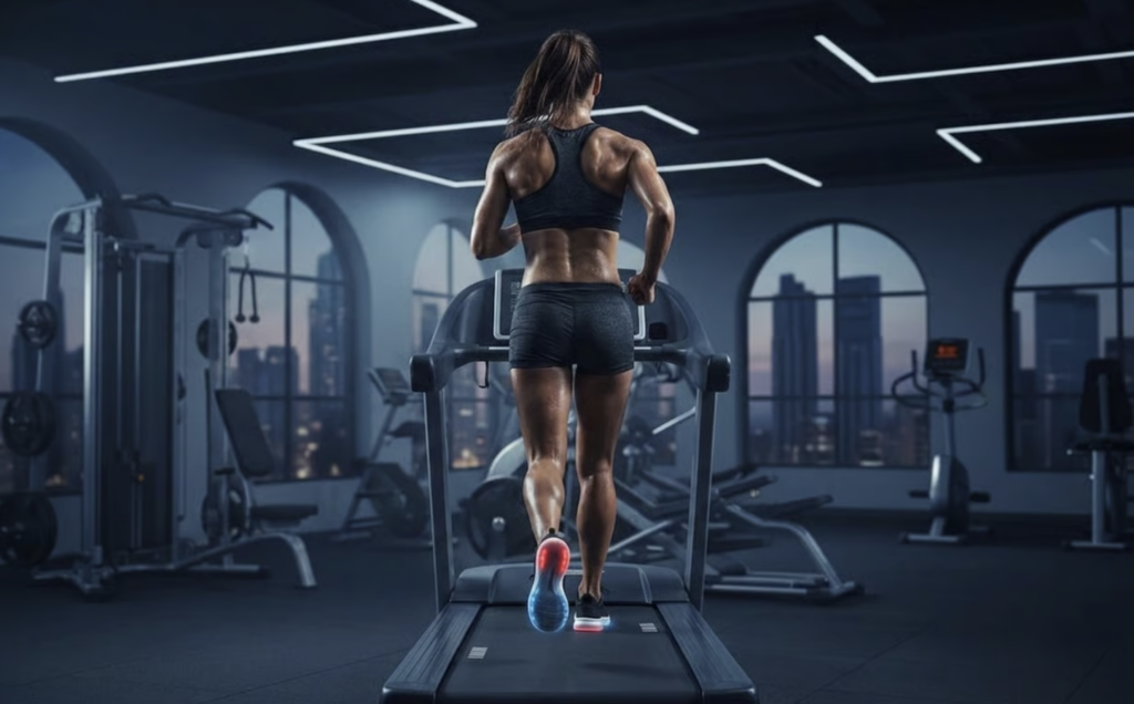Persona realizando ejercicio cardiovascular intenso en un gimnasio.