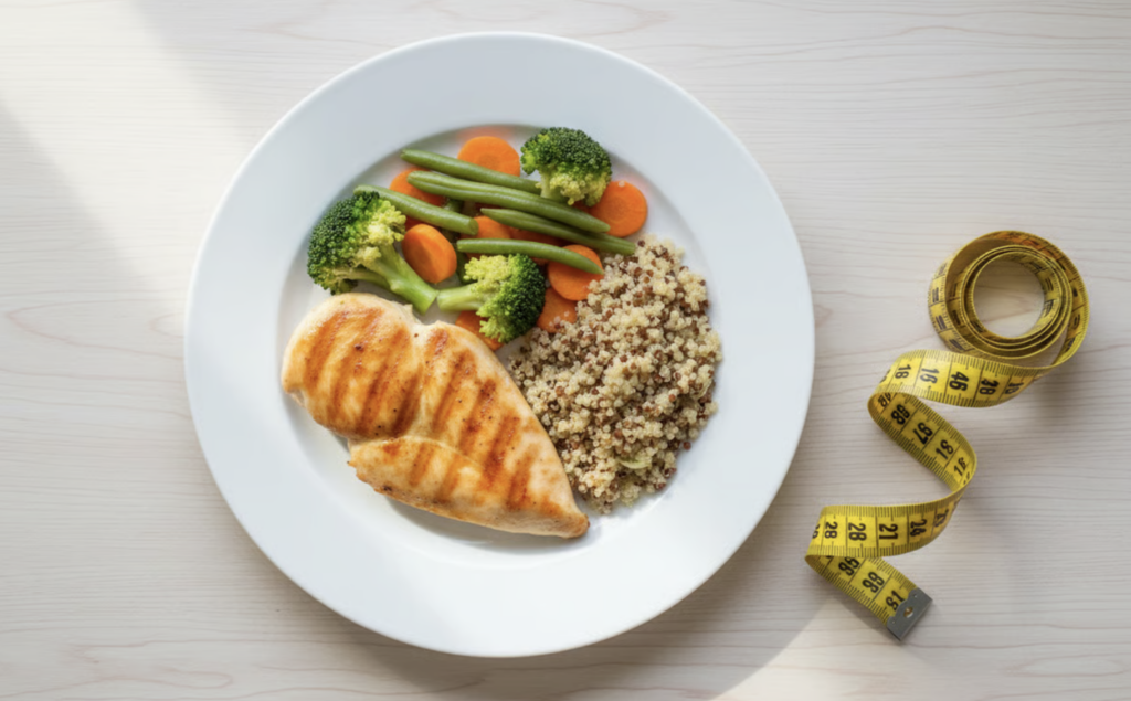 Plato equilibrado con proteínas y verduras junto a una cinta métrica.
