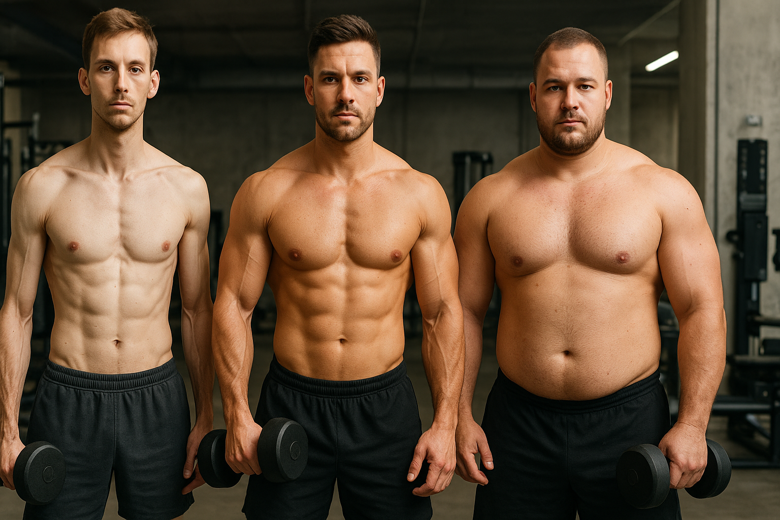 Personas con diferentes tipos de cuerpo: ectomorfo, mesomorfo y endomorfo