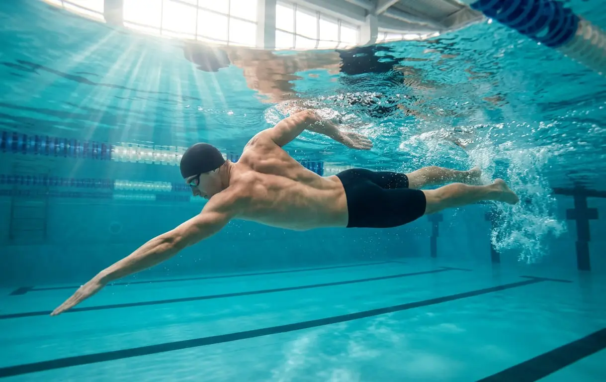 Nadador ejecutando crol con técnica perfecta, mostrando la activación muscular completa del cuerpo