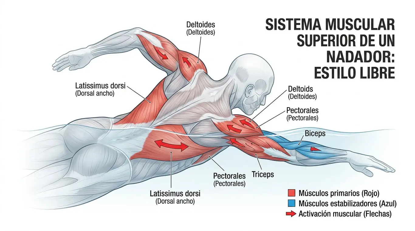 Diagrama anatómico detallado mostrando grupos musculares del tren superior activados durante natación