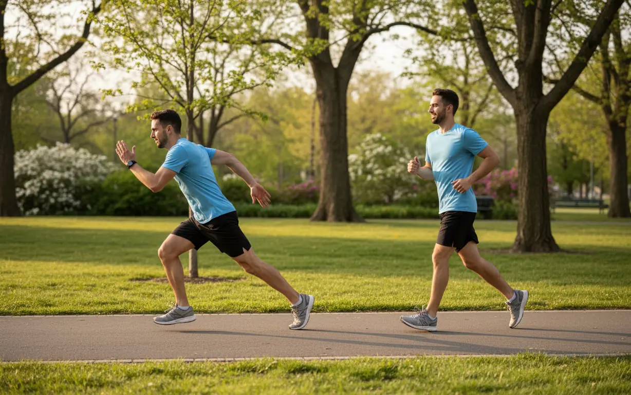 Principiante realizando cambios de ritmo controlados durante una sesión de fartlek en el parque