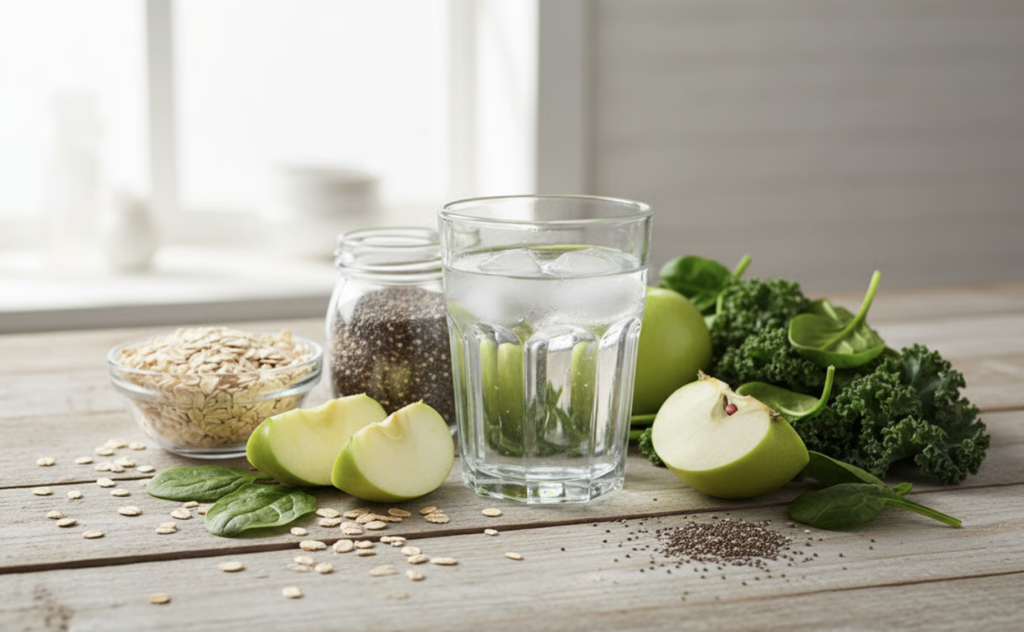 Vaso de agua junto a alimentos ricos en fibra, representando la importancia de la hidratación en la dieta.