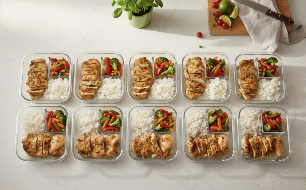 Táperes de comida semanal con pollo, arroz y verduras, listos para organizar la dieta proteica.