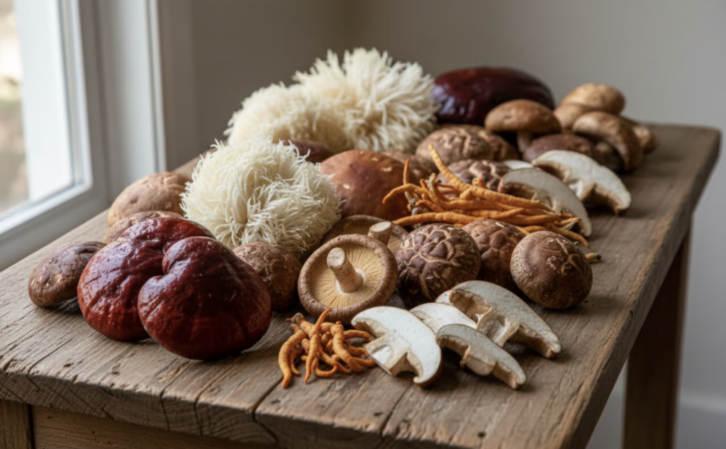 Composición de distintos hongos medicinales crudos sobre una superficie de madera.